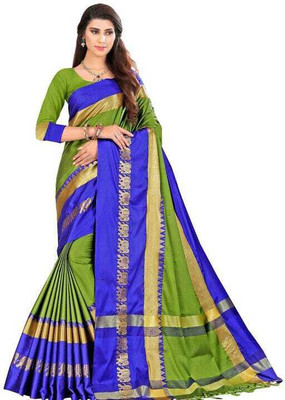 New Age Hub Woven Paithani Cotton Silk Saree(Dark Green)