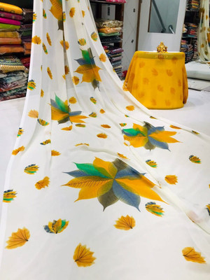 Dwarkeshhub Digital Print Bollywood Chiffon Saree(Yellow)