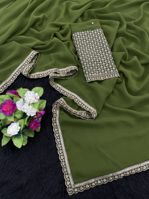 V AMAN FASHION Solid/Plain, Self Design, Embroidered Bollywood Chiffon Saree(Dark Green)