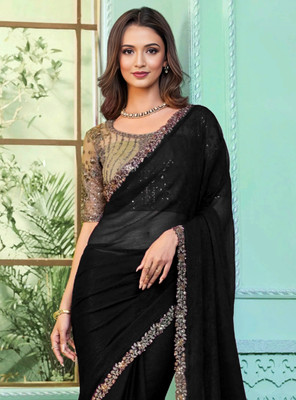 Bhojal Creation Embroidered, Solid/Plain Daily Wear Chiffon Saree(Black)