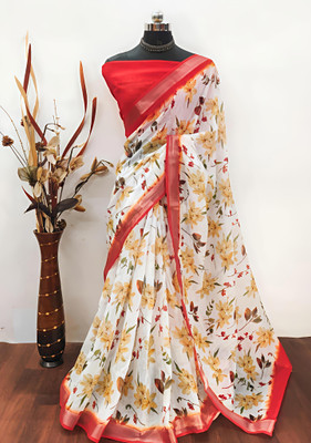 VCREATION Digital Print Bollywood Cotton Linen Saree(White, Orange)