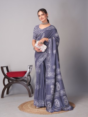 pramukh creation Printed Bandhani Chanderi Saree(Grey)