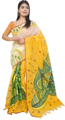 KheyaliBoutique Hand Painted, Graphic Print Tant Pure Cotton Saree(White, Yellow)