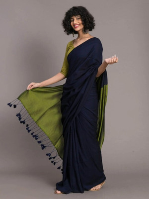 sourav biswas Solid/Plain Handloom Pure Cotton Saree(Dark Blue)