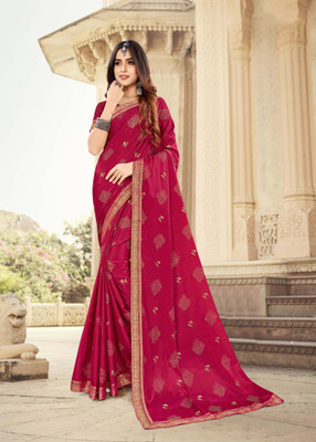 Gold Art Fashion Embroidered, Woven Bollywood Chiffon Saree(Pink)