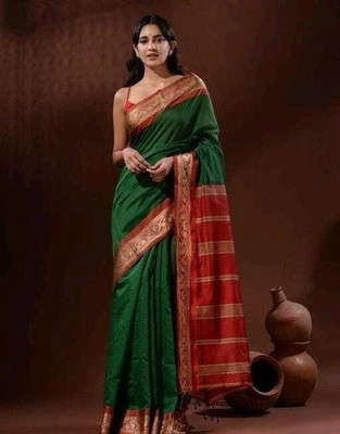 undefined Woven Handloom Cotton Blend Saree(Green)