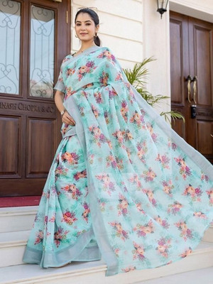 Soor Panchi Floral Print Banarasi Cotton Linen Saree(Light Blue)