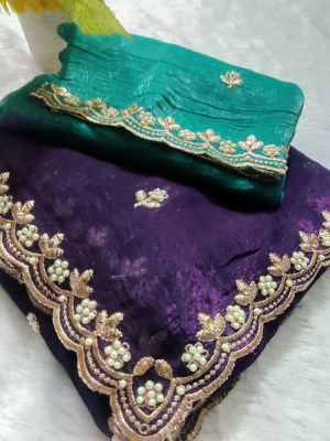 AARTI PRINTS Embroidered Bollywood Silk Blend Saree(Purple)