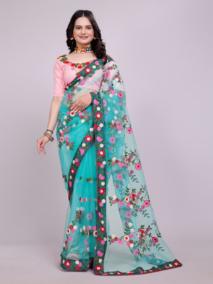 FONSIMO Embroidered Bollywood Net Saree(Light Blue)