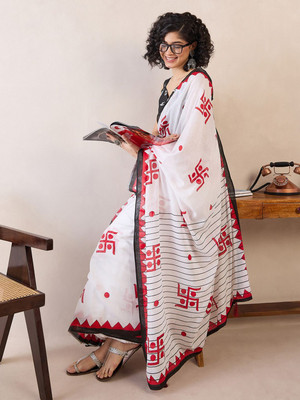 Anouk Rustic Printed Pre Draped Saree Cotton Blend Saree(White)