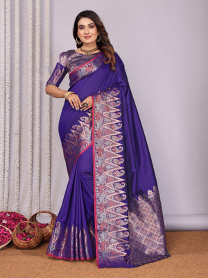 Elora Solid/Plain, Printed Banarasi Silk Blend Saree(Blue)