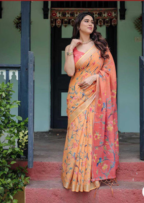 Millstar Self Design, Digital Print Bollywood Cotton Linen, Jacquard Saree(Grey)