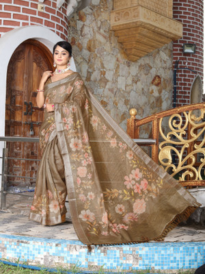 Harkitfashion Digital Print Bollywood Tissue Saree(Brown)