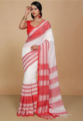 Amita Collections Woven Handloom Pure Cotton Saree(White, Red)