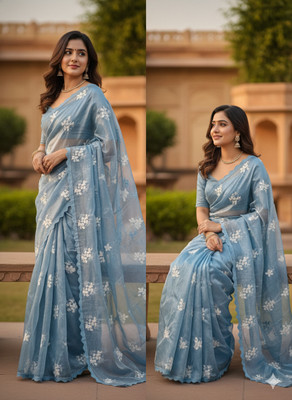 Nityam Clothing Floral Print, Embroidered Bollywood Chiffon Saree(Light Blue)