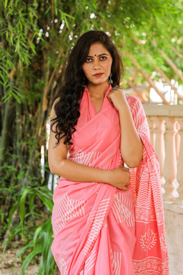 NIKHILAM Printed Daily Wear Pure Cotton Saree(Pink)
