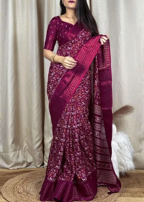 Saadhvi Woven, Floral Print, Geometric Print, Temple Border Bollywood Art Silk Saree(Purple)