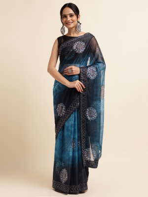 Divastri Digital Print, Embellished, Embroidered Bollywood Lycra Blend Saree(Blue)