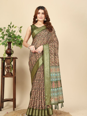 J6 Designers Geometric Print Chanderi Art Silk Saree(Green)