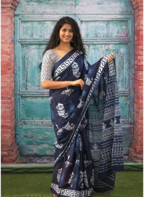 RAMNATHS Printed, Blocked Printed, Hand Painted Daily Wear Pure Cotton Saree(Dark Blue, White)