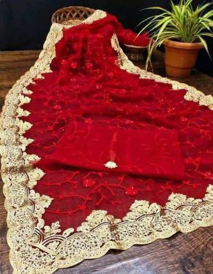 SkyFlock Embroidered, Embellished Bollywood Net Saree(Red)