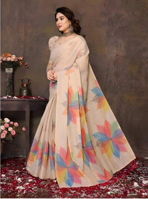 parakhiya fab Digital Print, Embellished Daily Wear Cotton Linen, Pure Cotton Saree(Cream)