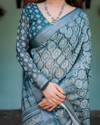 maharani couture Digital Print Handloom Cotton Blend Saree(Blue)