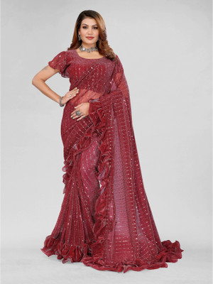 AKFABRICS Self Design Bollywood Net Saree(Maroon)