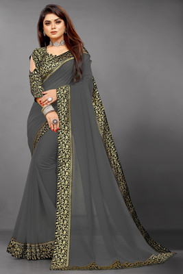Jevlan Solid/Plain Bollywood Georgette, Chiffon Saree(Grey)