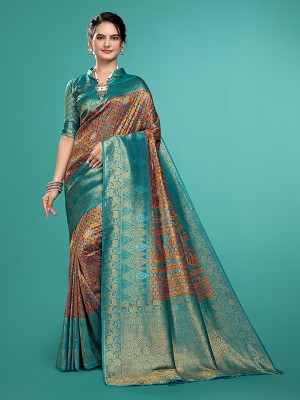 Navanari Applique, Dyed, Embellished, Floral Print, Self Design, Woven Banarasi Pure Silk, Jacquard Saree(Black, Light Blue)