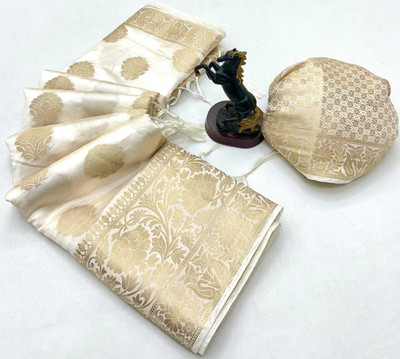 ROOP LAVANYA Woven Banarasi Cotton Silk, Jacquard Saree(White)