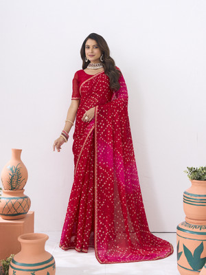 Laxmipati sarees Printed Saree with Attached Blouse Silk Blend Saree(Red)