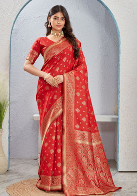 MYTIC Woven Banarasi Art Silk Saree(Red)