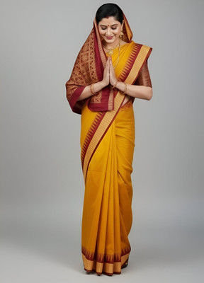 Destination Temple Border, Solid/Plain Sambalpuri Pure Silk Saree(Mustard)