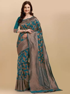 Hinayat Fashion Self Design, Printed, Embroidered, Embellished, Woven Kanjivaram Silk Blend, Jacquard Saree(Light Blue)