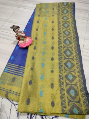 LDma Woven Tant Handloom Cotton Silk Saree(Yellow, Blue)