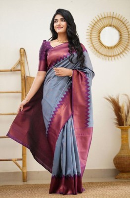 ESOMIC Printed Banarasi Pure Silk Saree(Grey)