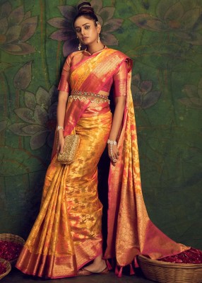 Divastri Blocked Printed Bollywood Silk Blend Saree(Mustard)