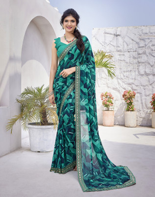 YASHIKA Printed Bollywood Georgette, Lace Saree(Blue)