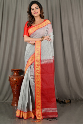 SimaGarments Woven, Temple Border Handloom Cotton Silk Saree(White)