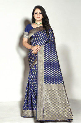 Pikham Self Design Banarasi Art Silk Saree(Dark Blue)