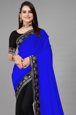 Aai shree khodiyar Self Design Bollywood Georgette, Chiffon Saree(Dark Blue, Black)