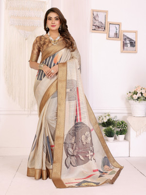 HouseOfCommon Digital Print Banarasi Silk Blend Saree(White)