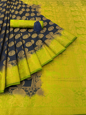 GajGajra Printed Arani Pattu Cotton Silk Saree(Dark Blue, Green)