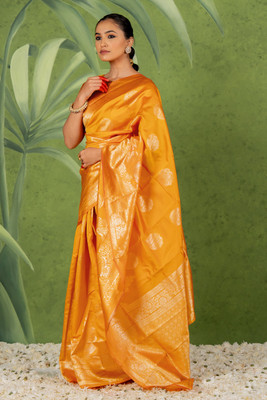 SUBHAM Woven, Embellished Banarasi Silk Blend Saree(Orange, Gold)