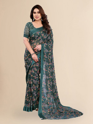 Moda Rapido Embellished, Floral Print Bollywood Georgette, Satin Saree(Green)