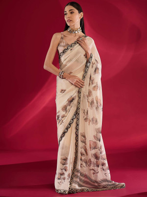 Divastri Floral Print Daily Wear Georgette Saree(Cream)