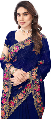 KHRITI FAB Embroidered Bollywood Georgette Saree(Dark Blue)