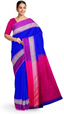 Happy Creation Temple Border Handloom Handloom Pure Cotton Saree(Blue, Pink)
