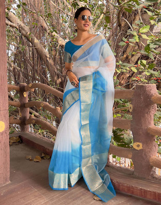 KOTHARI BS Self Design Bandhani Organza Saree(Pack of 2, Blue, White)